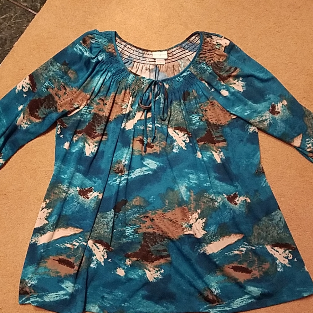 Jaclyn Smith 3x Blouse Blue Green Brown 3/4 sleeve